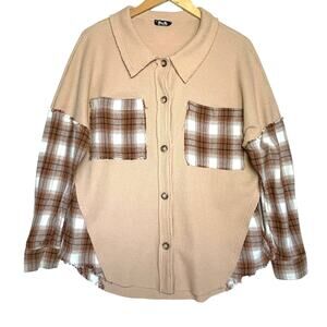 MISSME Women’s Button Front Waffle Knit Plaid Patchwork Shirt Small